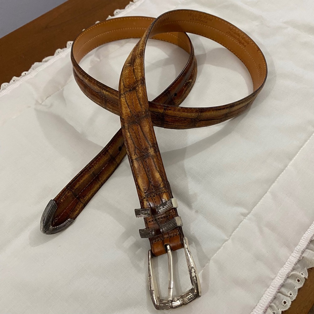 Martin Dingman VTG Belt Men 42 Brown Alligator Grain Leather USA 045126 Buckle